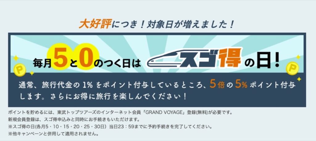 東武トップツアーズ割引クーポンコードまとめ、毎月5と０のつく日は、スゴ得の日